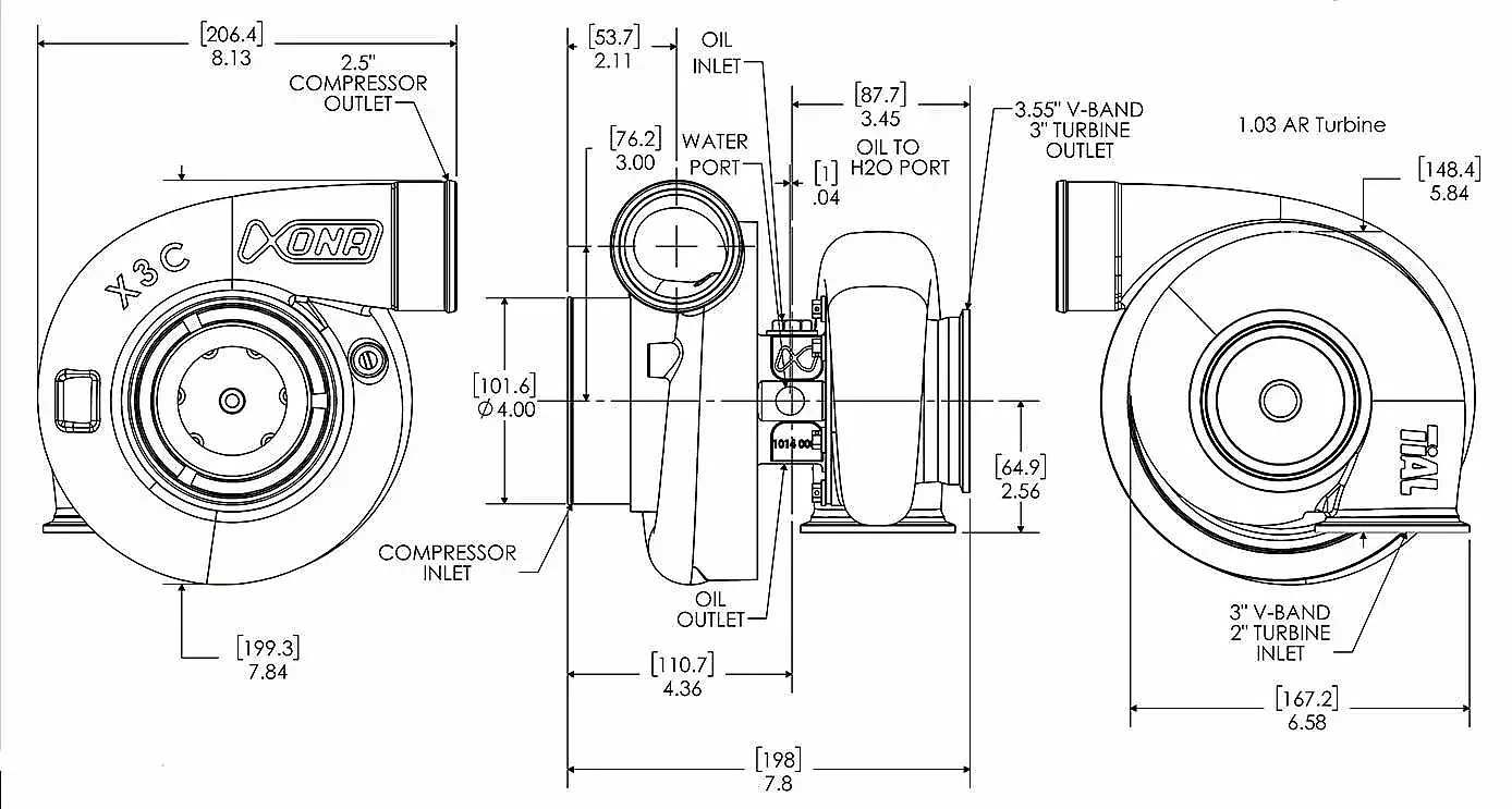 Technical drawing for Xona Turbocharger 82*69s