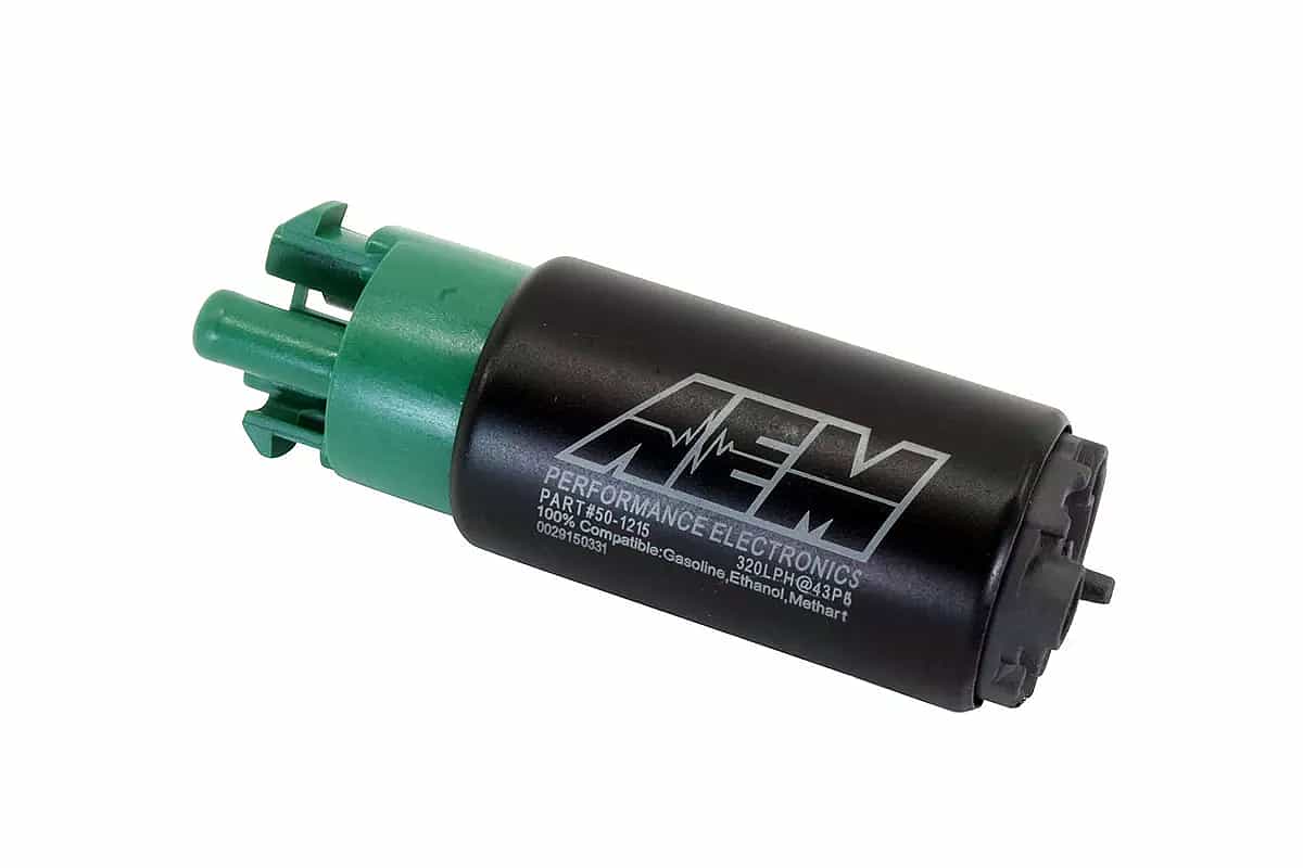 320lph high flow fuel pump with hook and offset inlet AEM
