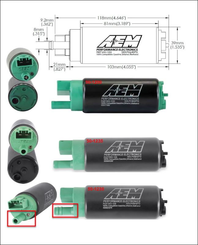 AEM 400lph E85 High Flow In-Tank Pump 50-1235 - single barb