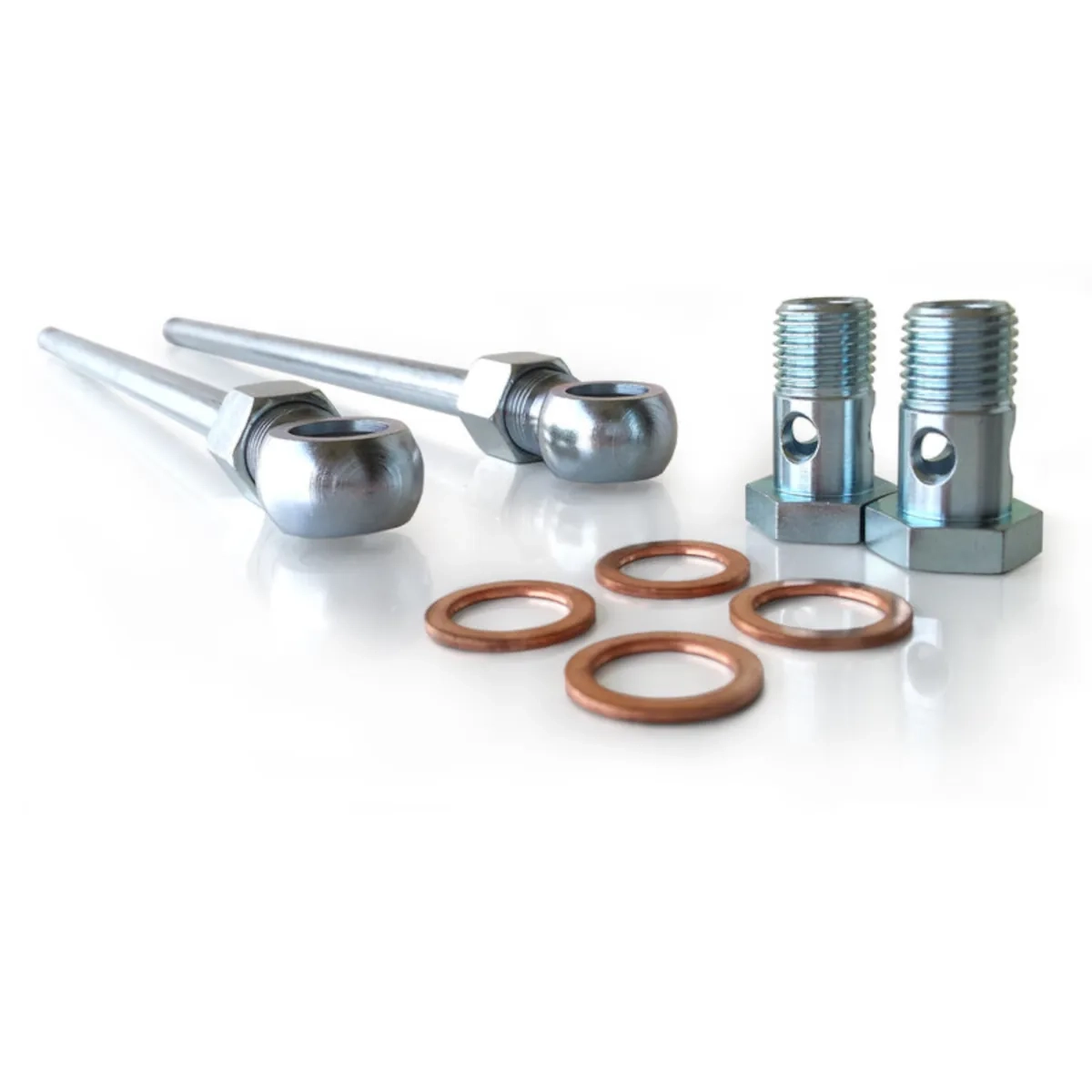 Shown is the BAR-TEK® water cooling line kit for Garrett turbos: 2 stainless steel water lines, 2 hollow bolts, and 4 seals for M14x1.5 connections.