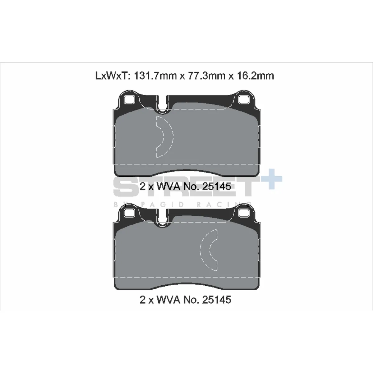 Technische Zeichnung der PAGID Racing STREET+ Bremsbeläge für die Vorderachse, VW Racing T8198SP2001, WVA 25145, Maße 131,7 x 77,3 x 16,2 mm