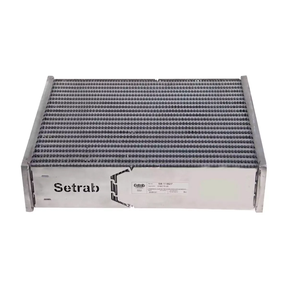 Shown is the Setrab ProLine IC 316IC-20 intercooler core 58-11827, a lightweight and corrosion-resistant core measuring 316 x 276 x 70 mm for high heat dissipation with low pressure drop.