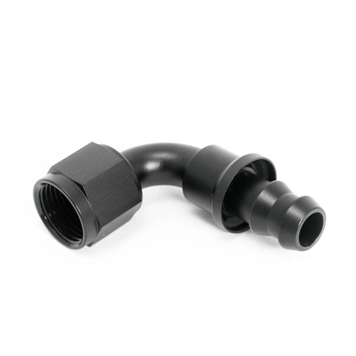 Racor de manguera Push On de aluminio negro de 90° de BAR-TEK® para mangueras de goma de alta presión, giratorio y apto para aceite, aire, combustible e hidráulica