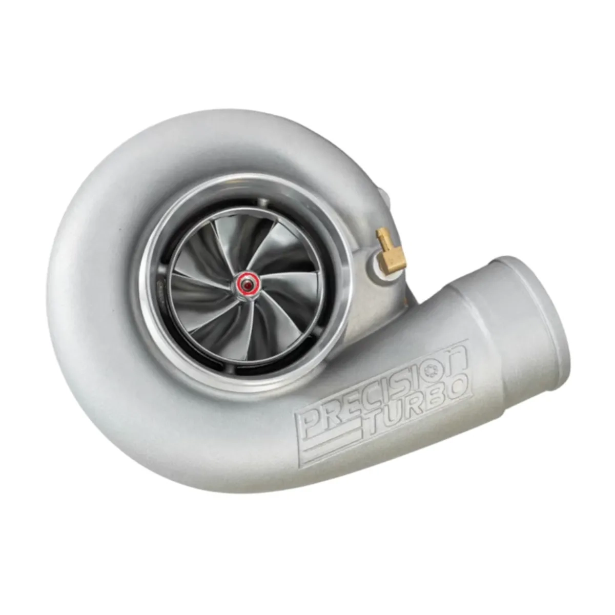 Abgebildet ist der Precision PT 6870 Next Gen Supercore Turbolader von Precision Turbo & Engine für 1200 bis 1400 PS mit sichtbarem Verdichterrad.