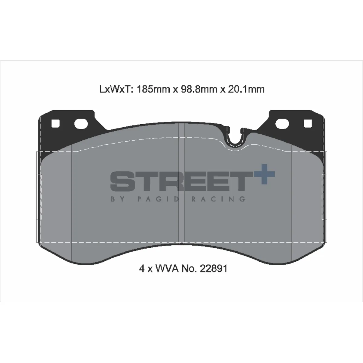 Schéma technique des plaquettes de frein PAGID Racing Street+ pour essieu avant compatibles BMW, T8282SP2001, Shape 8302, WVA 22891, dimensions 185 x 98,8 x 20,1 mm