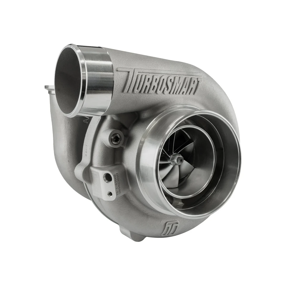 Shown is the Turbosmart 6466 Reverse turbocharger with V-Band inlet and V-Band outlet, single scroll, 0.82 A/R, for 825-955 hp.