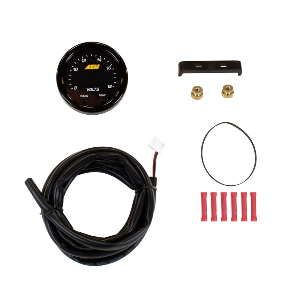 AEM X-Series Voltmeter als Set mit digitalem Spannungsanzeiger, Kabelbaum, Haltebügel und Montagezubehör für präzise Spannungsüberwachung im Hochleistungsfahrzeug