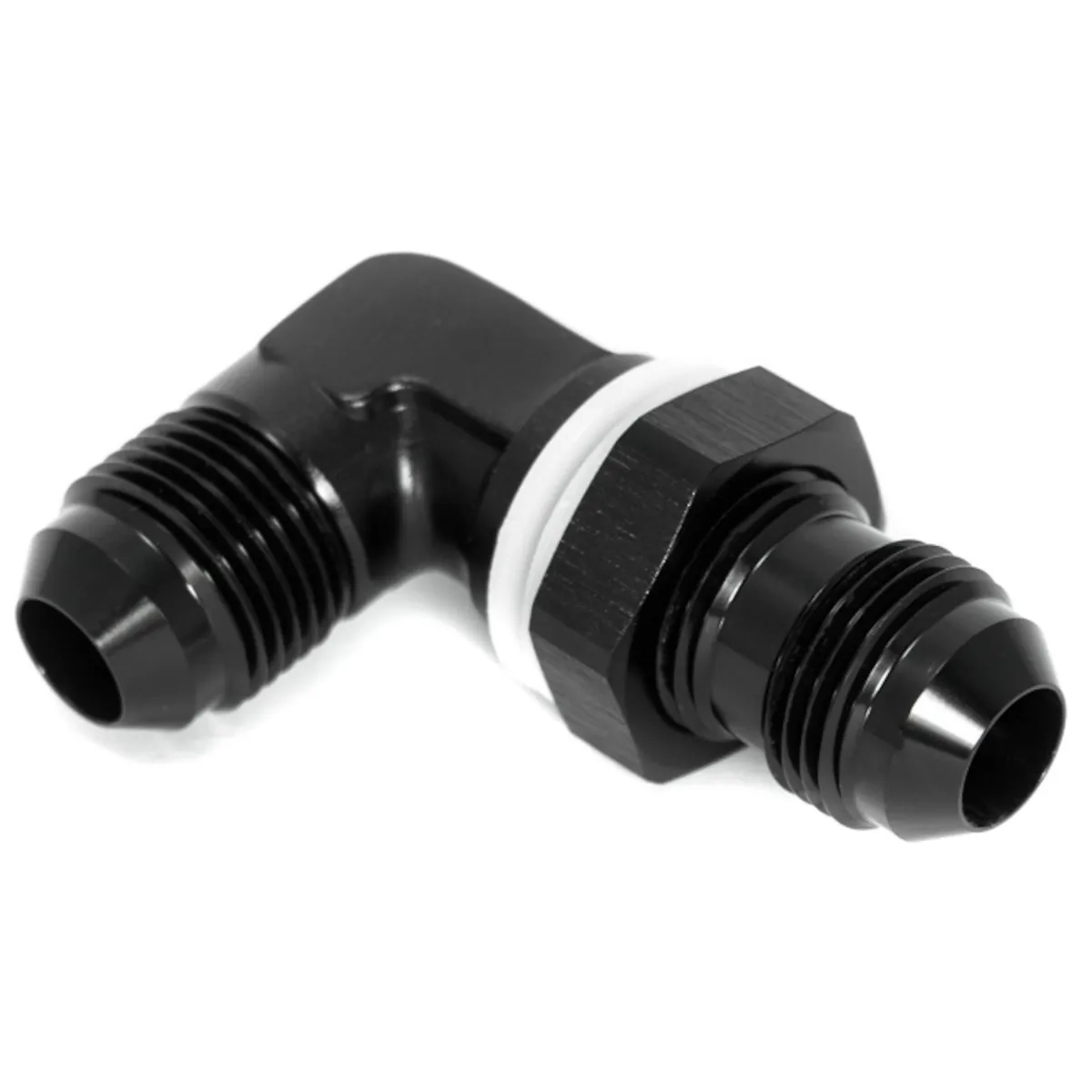 Black Goodridge 90° bulkhead connector made of aluminium with 2 male JIC fittings for motorsport