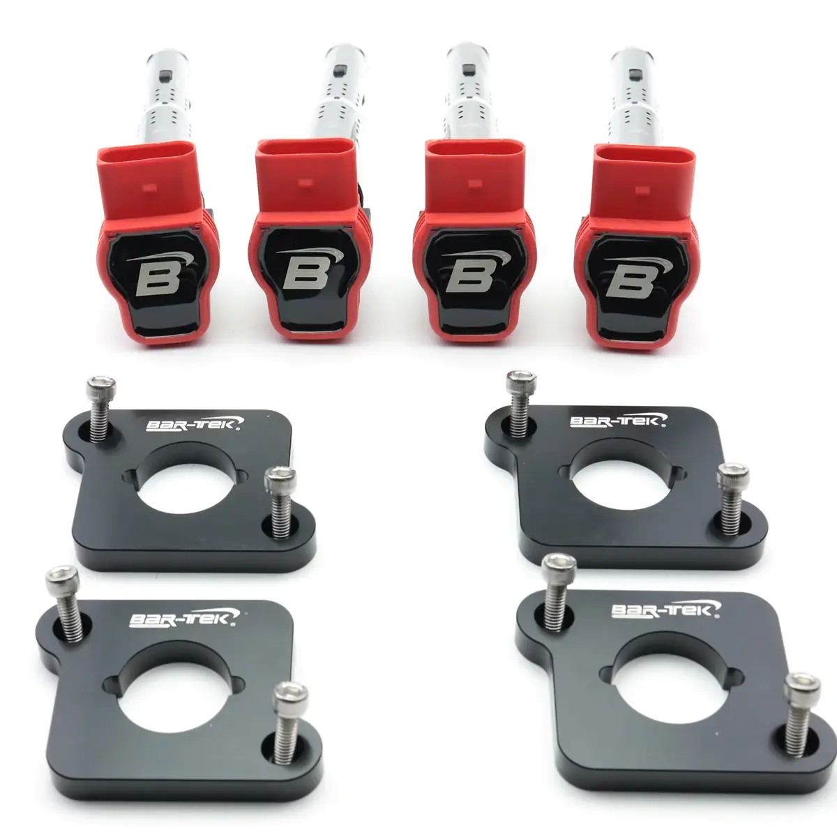 4 BAR-TEK® 1.8T high performance TFSI square ignition coils with 4 adapters for stable sparks and higher ignition voltage