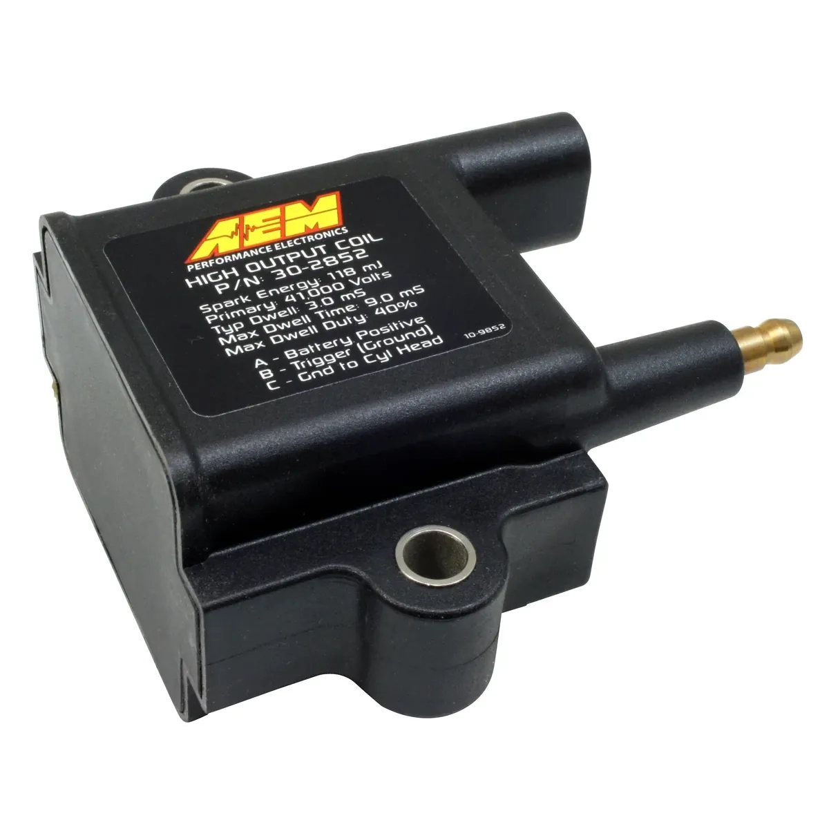 Abgebildet ist die AEM High-Output Zündspule ohne Endstufe, eine leistungsstarke induktive Zündspule für Hochleistungsmotoren mit hoher Funkenenergie und direkter Motormontage.
