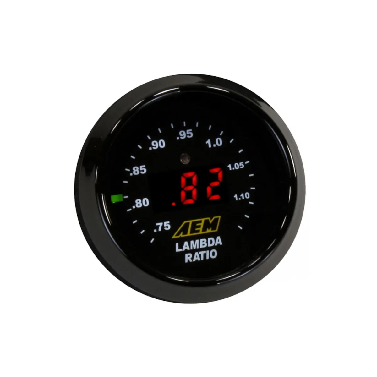 AEM digital wideband O2 AFR UEGO gauge with black round display and red lambda ratio readout