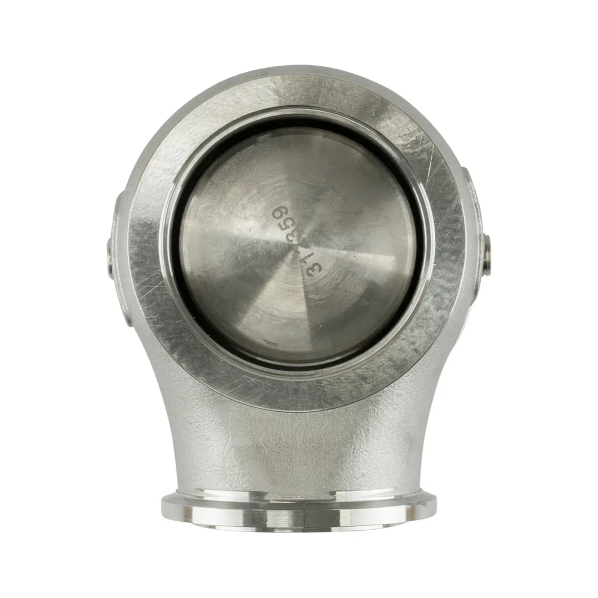 Front view of the Turbosmart GenV HyperGate45M external wastegate in black, 0.96 bar, heat-resistant motorsport version for turbo engines