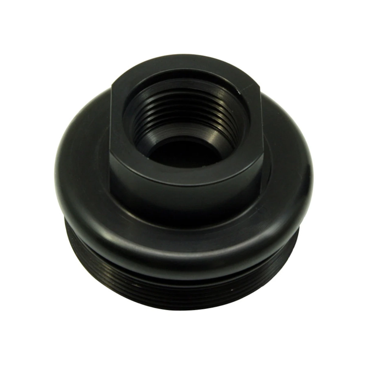 Black fitting adapter with internal and external thread for the AEM Universal-10 AN fuel filter, detailed view of a filter connection for motorsport and performance fuel systems