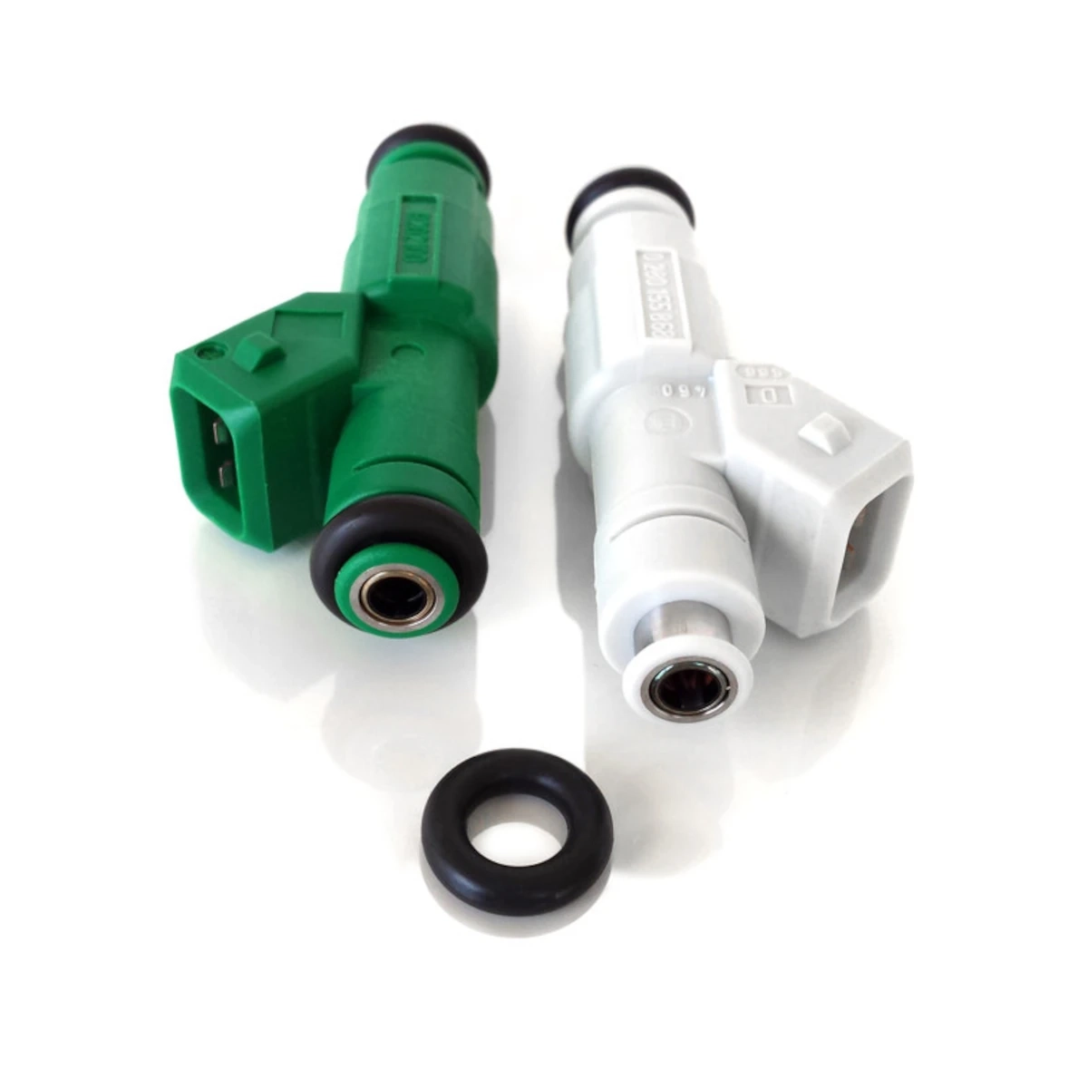 Black replacement O-ring for Bosch, Siemens and Deatschwerks fuel injectors, shown in front of two injectors to illustrate fitment and sealing against leaks.