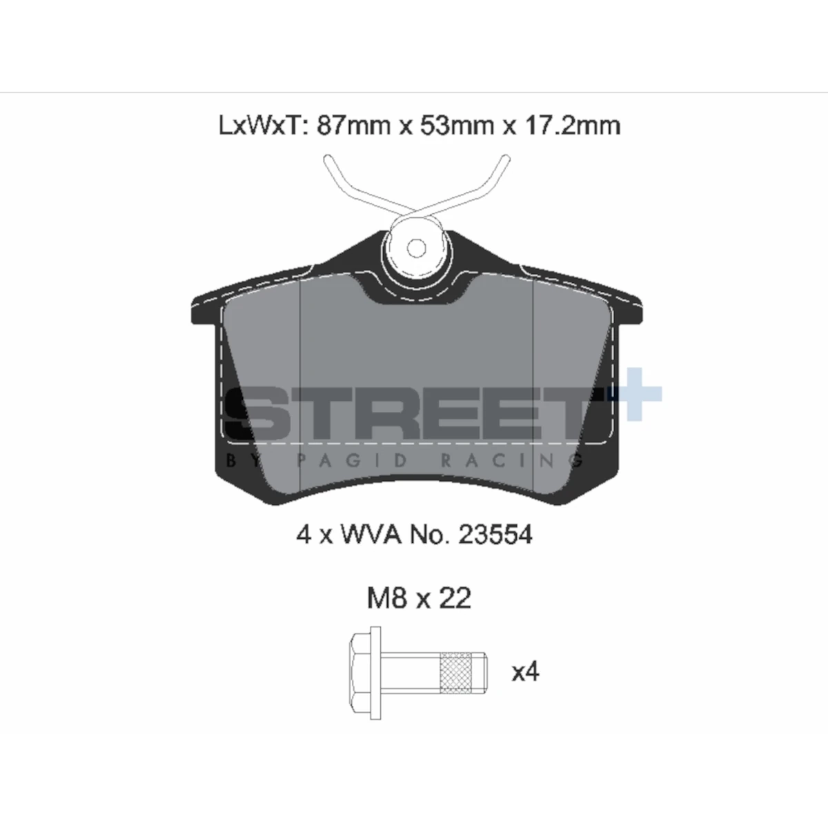 Technische Zeichnung der PAGID Racing Street+ Bremsbeläge T8032SP2001 für Audi Hinterachse, WVA 23554, Maße 87 x 53 x 17,2 mm, inklusive 4x M8x22 Schrauben.