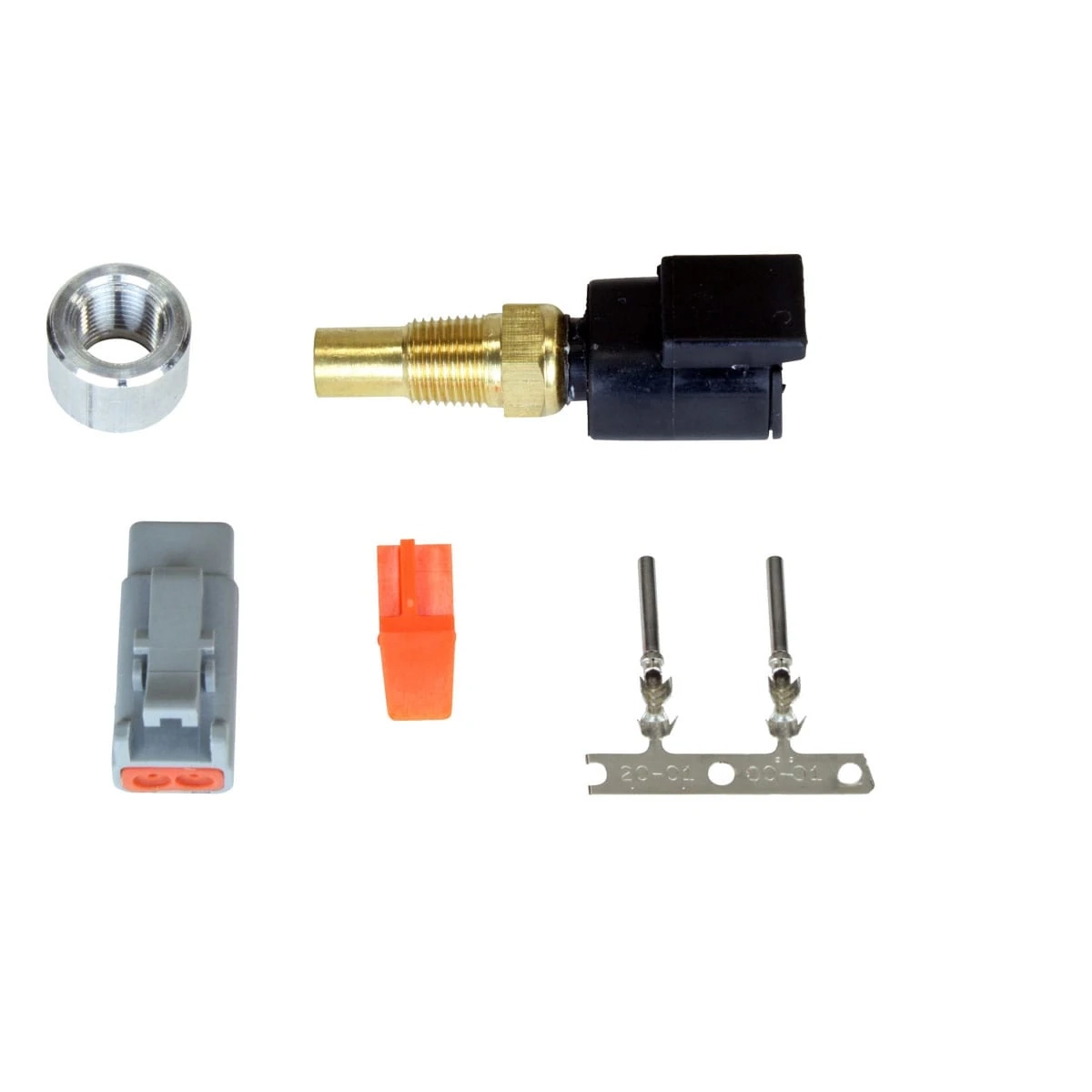AEM water-oil temperature sensor kit by AEM Performance Electronics with sensor, threaded adapter, DTM connector and terminals for precise monitoring of engine oil or coolant temperature