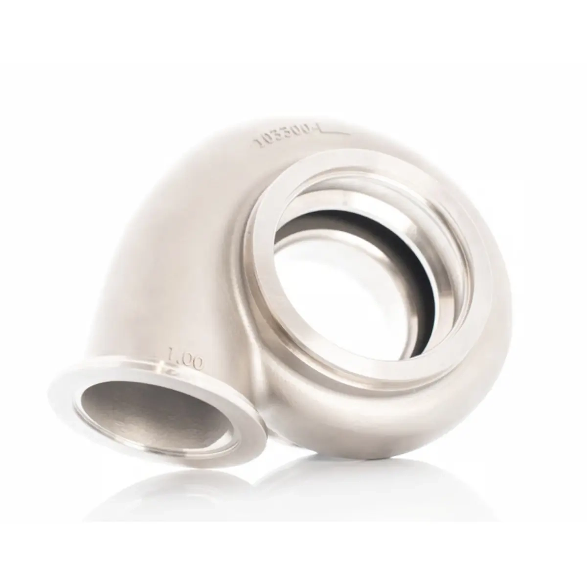 Abgebildet ist das Precision Abgasgehäuse V-Band 1.28 A/R K-10330-28-75 aus Edelstahl mit V-Band Einlass und Auslass für 75 mm Turbinenrad und externes Wastegate.