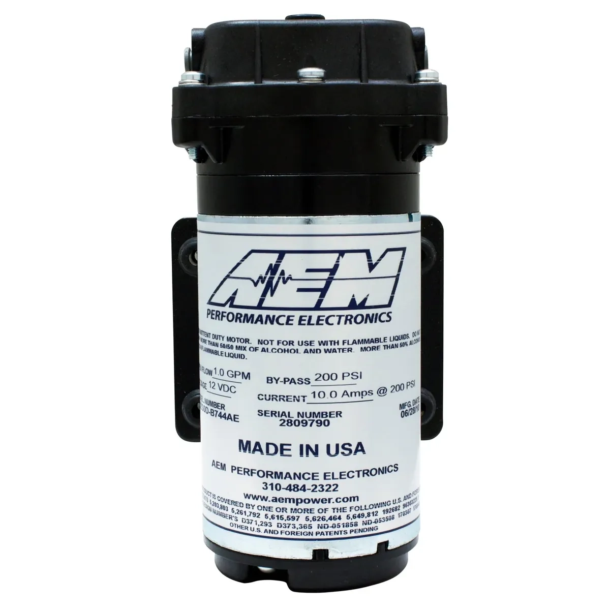AEM 200 PSI replacement pump for water-methanol injection systems, front view of the repair pump by AEM Performance Electronics