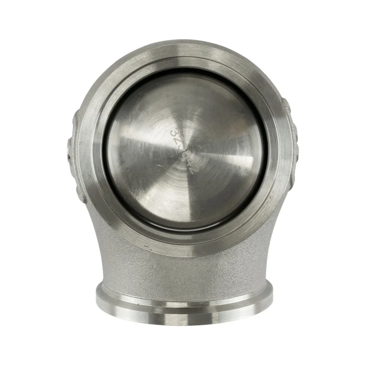 Detailed view of the Turbosmart GenV ProGate50CG Compressed Gas wastegate 0.34 bar in black with visible valve seat and stainless steel housing