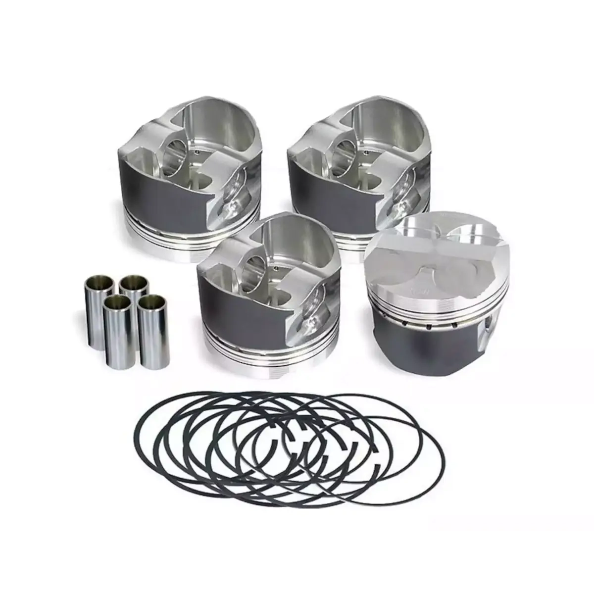 The illustration shows the Wössner 1.8T 20V forged piston set with four high-performance forged pistons, piston rings, and 20mm piston pins for powerful 1.8T engines.