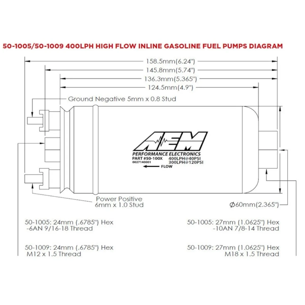 Technische Maßzeichnung der AEM 400L metrischen 044 High Flow Ersatz-Benzinpumpe, Inline-Kraftstoffpumpe mit 60 mm Gehäuse, M18x1,5 Eingang und M12x1,5 Ausgang