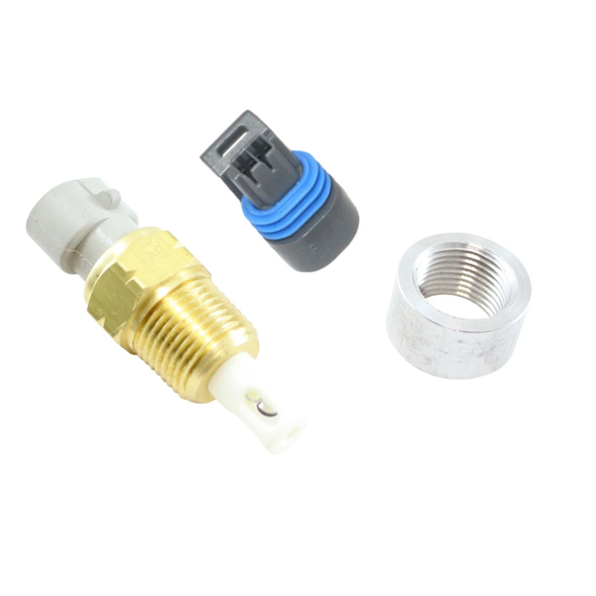 L’image montre le kit capteur de température d’air d’admission AEM avec capteur de mesure, connecteur étanche et douille filetée pour mesurer avec précision la température d’air d’admission du moteur.
