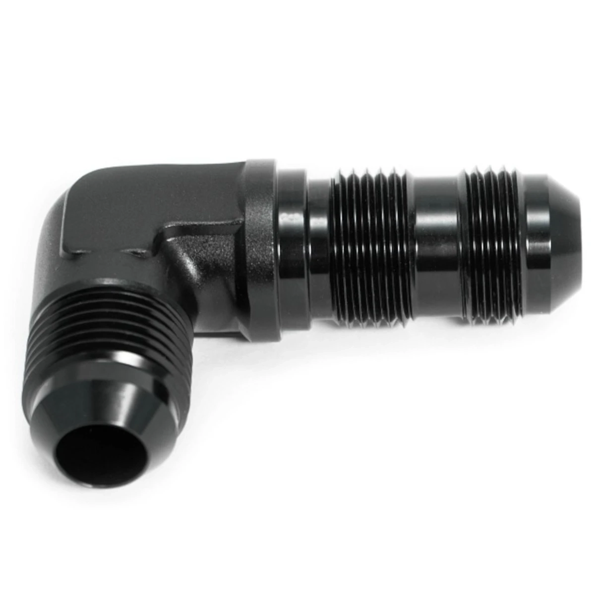 Shown is a black Goodridge Bulkhead 90° aluminium bulkhead fitting with 2x male JIC connections for motorsport and fluid lines.