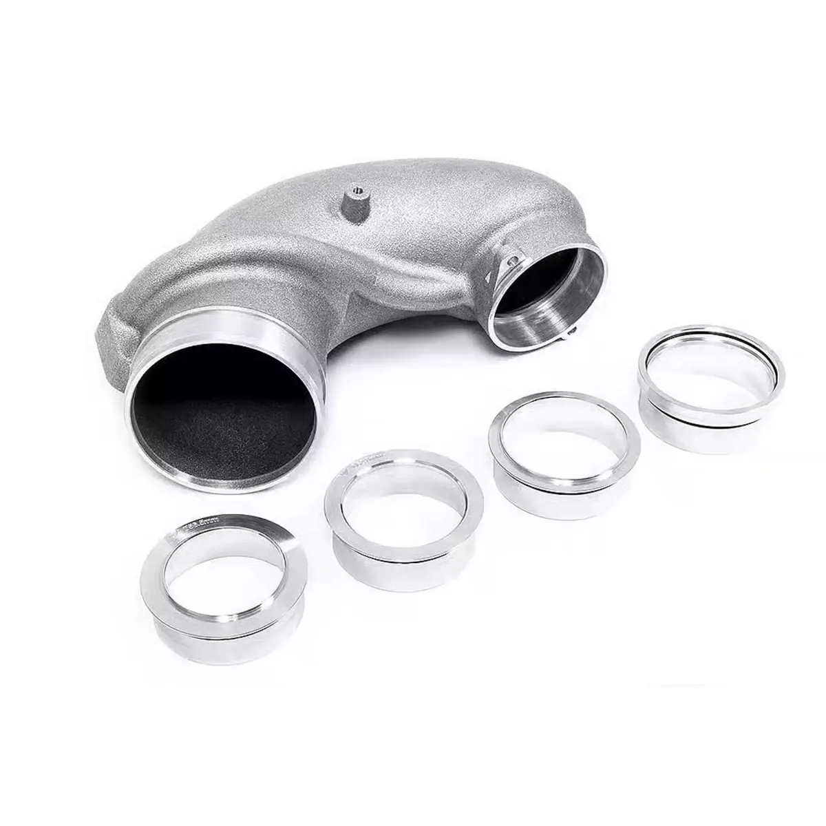 Shown is the BAR-TEK® turbo inlet with multiple aluminium adapter rings for the 2.5 TFSI EA855 evo, designed to connect various turbochargers.