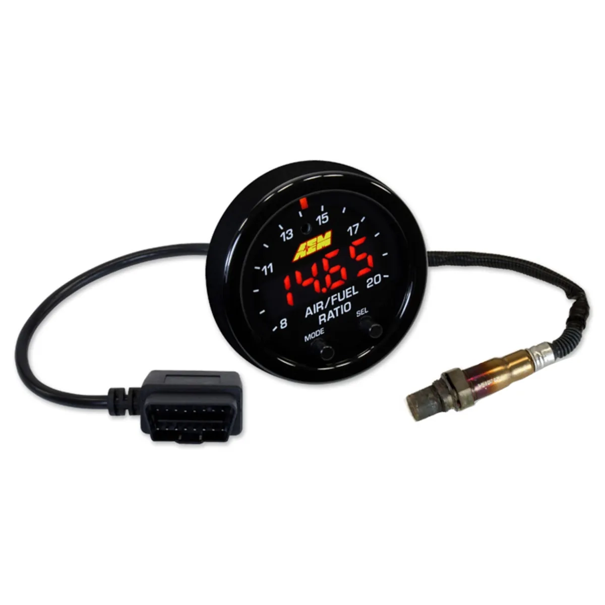 AEM X-Series OBDII Breitband UEGO AFR Kontrollinstrument mit Rundanzeige, OBDII-Stecker und Lambdasonde zur Air/Fuel-Ratio-Messung über CAN-Bus