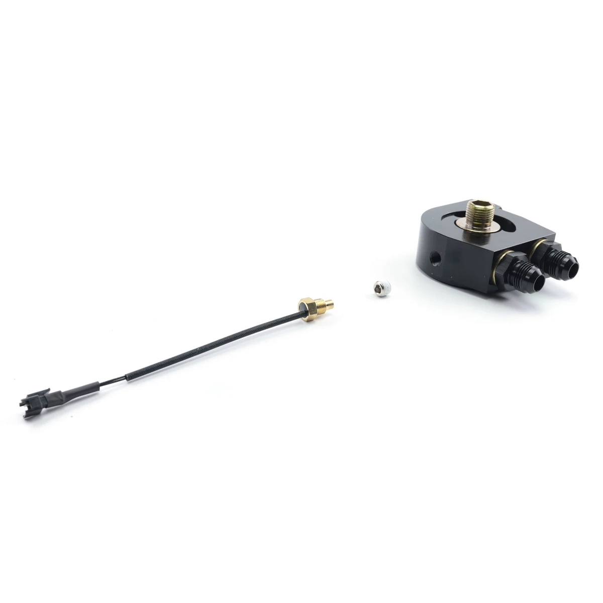 BAR-TEK® oil cooler flange with Dash 8 thermostat, black anodised, with fittings and sensor lead for optimised oil cooling