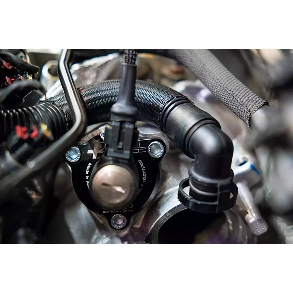 Close-up of the installed GFB T9381 diverter valve with solenoid for 1.4-2.5 and 4.0 TFSI, Audi compatible, plug-and-play fit