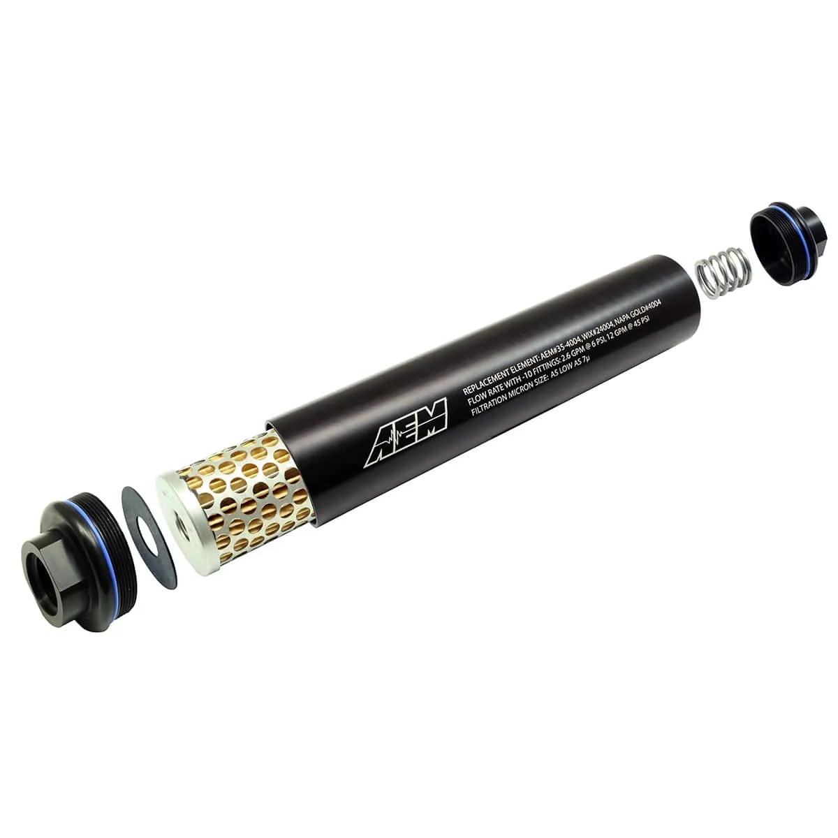 Exploded view of the AEM Universal-10 AN inline fuel filter with filter element, housing, spring, end caps and petrol- and alcohol-resistant seals for high-performance vehicle applications