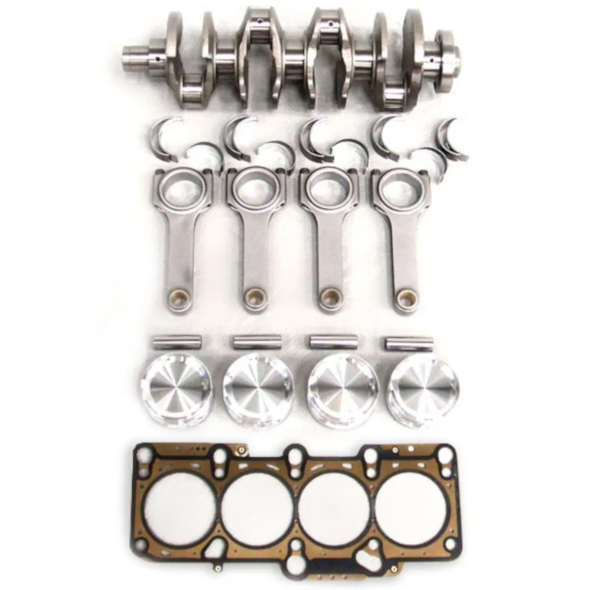 Se muestra el kit Stroker BAR-TEK® 1.8T 20V con cigüeñal, bielas, pistones, cojinetes y junta de culata para aumentar la cilindrada de 1.8 a 2.0L.