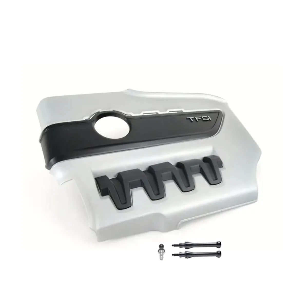 Silver and black 2.0L TFSI EA113 engine cover for Audi TTS including fixing kit with ball stud screws, suitable for TTS intake or aftermarket intake for a clean OEM look in the engine bay.