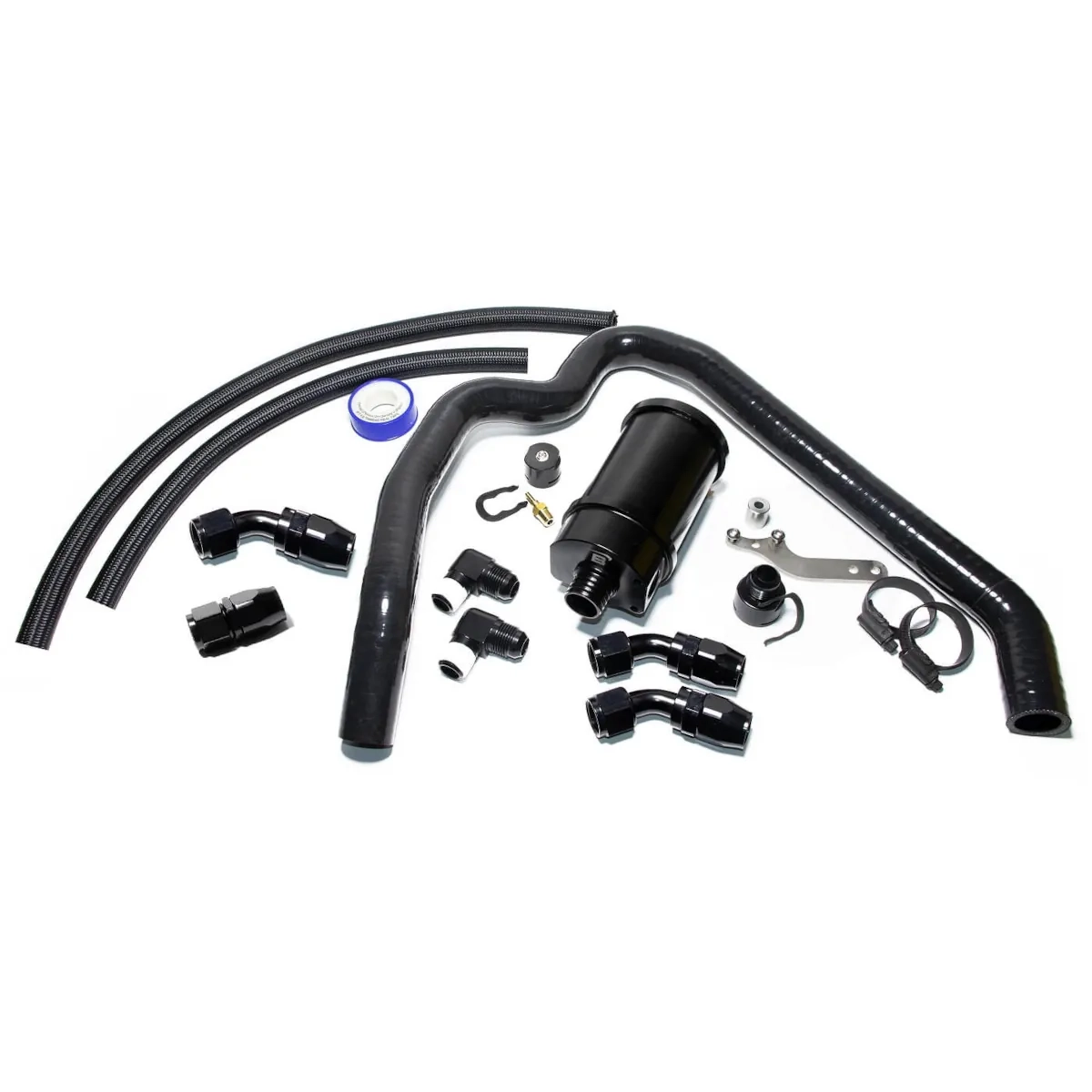 Shown is the BAR-TEK® 2.0L TFSI EA113 oil catch tank kit for billet valve cover with catch tank, silicone hoses, bracket and AN fittings to help reduce carbon build-up on intake valves.