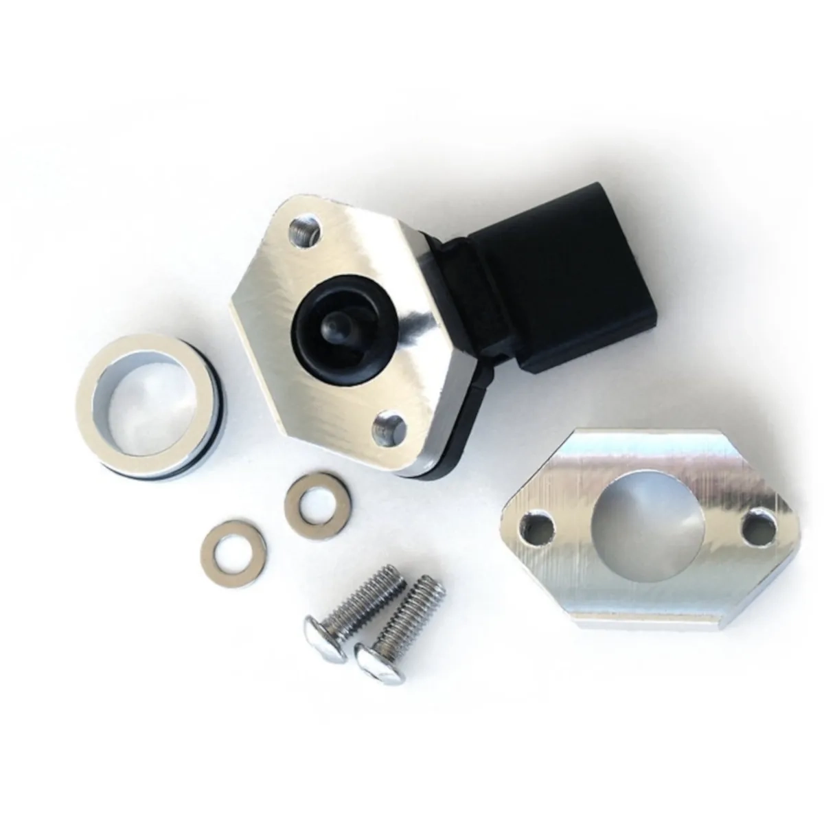 Shown is the BAR-TEK® 1.8T & 2.0L TFSI MAP sensor adapter kit with CNC-machined flange adapter, adapter ring, O-ring, washers and screws for fitting the MAP sensor to custom boost pipes.