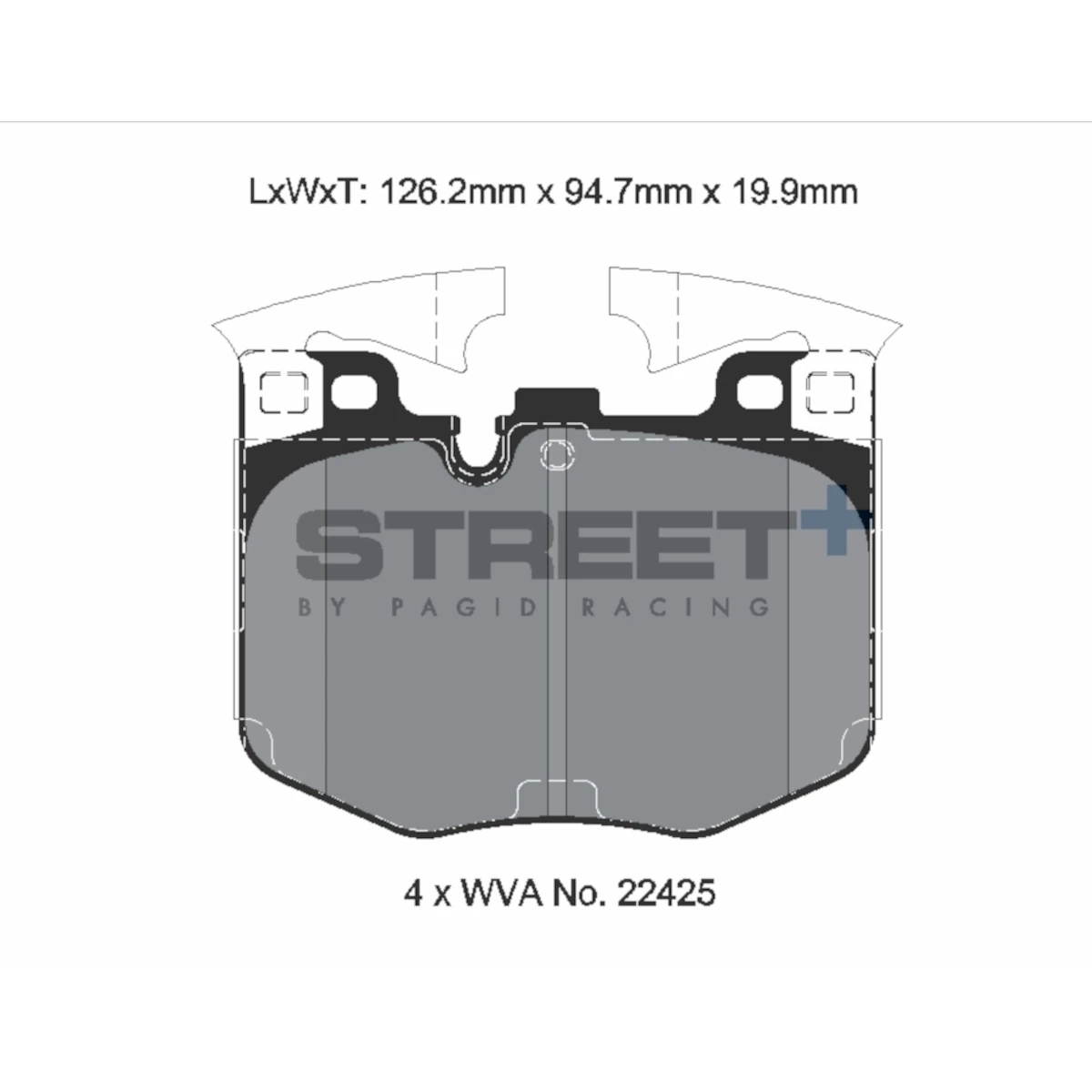 Dessin technique des plaquettes de frein PAGID Racing Street+ T8209SP2001 pour essieu avant BMW, WVA 22425, dimensions 126,2 x 94,7 x 19,9 mm, jeu de 4.
